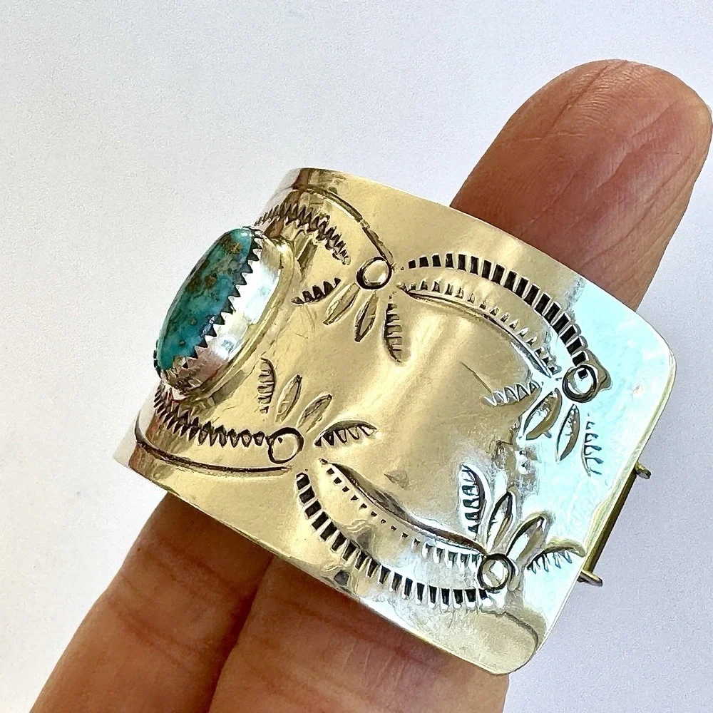 Navajo Hair Clip Turquoise Ponytail Tie Hand Stamped‎ Sterling Ornament